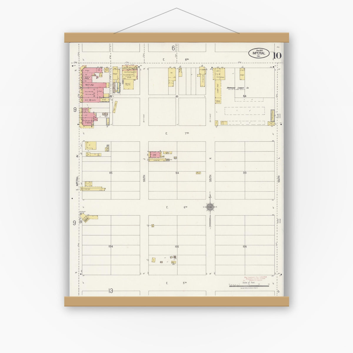 Old map wall art mockup — magnetic wood frame on white wall — Sanborn Fire Insurance Map from Imperial, Imperial County, California (1922), Sheet #0010