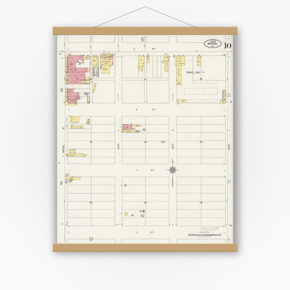 Old map wall art mockup — magnetic wood frame on white wall — Sanborn Fire Insurance Map from Imperial, Imperial County, California (1922), Sheet #0010