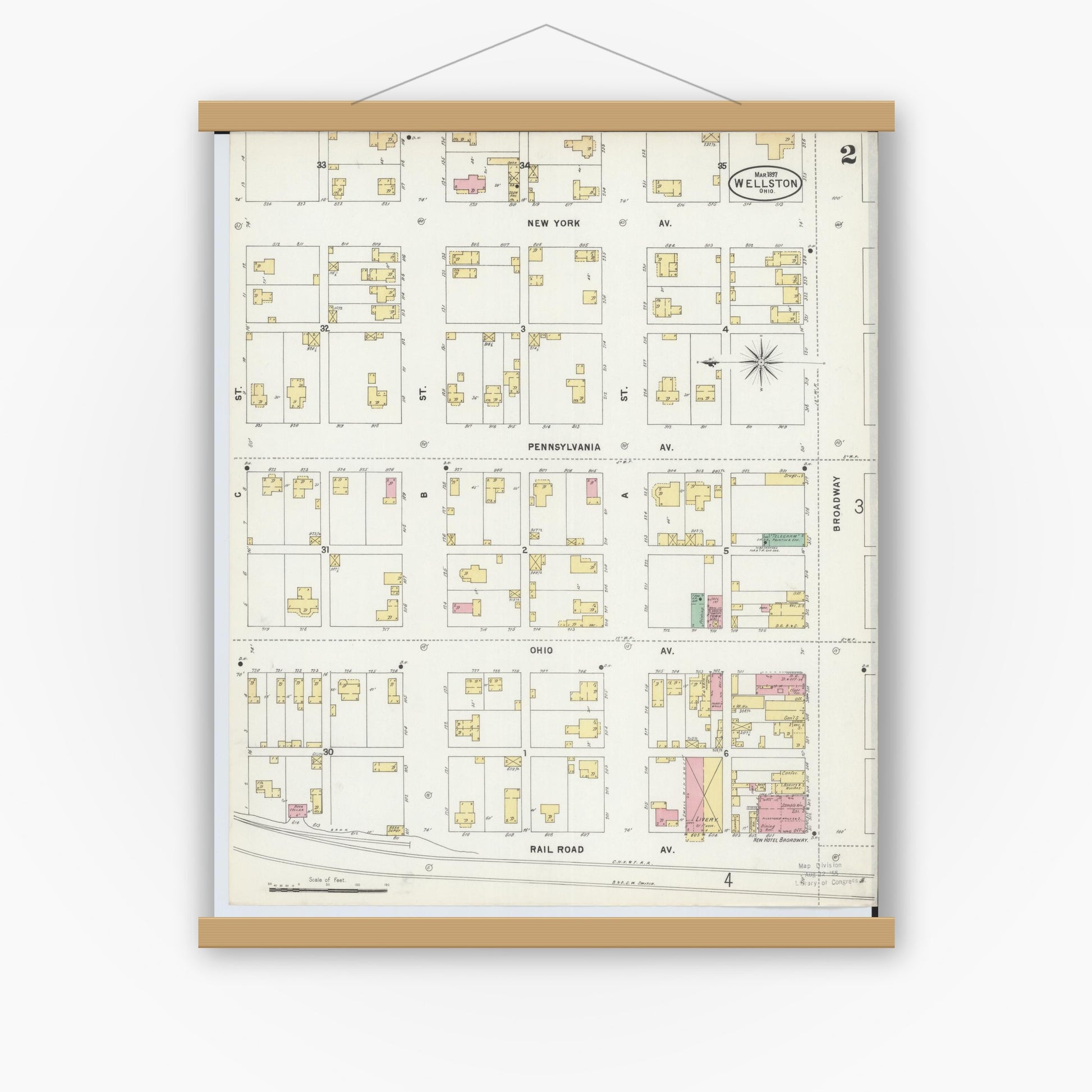 Old map wall art mockup — magnetic wood frame on white wall — Sanborn Fire Insurance Map from Wellston, Jackson County, Ohio (1897), Sheet #0002