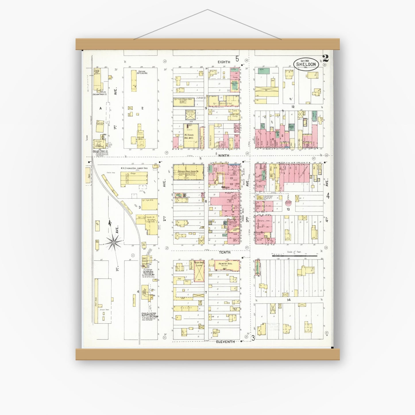 Old map wall art mockup — magnetic wood frame on white wall — Sanborn Fire Insurance Map from Sheldon, O'Brien County, Iowa (1901), Sheet #0002