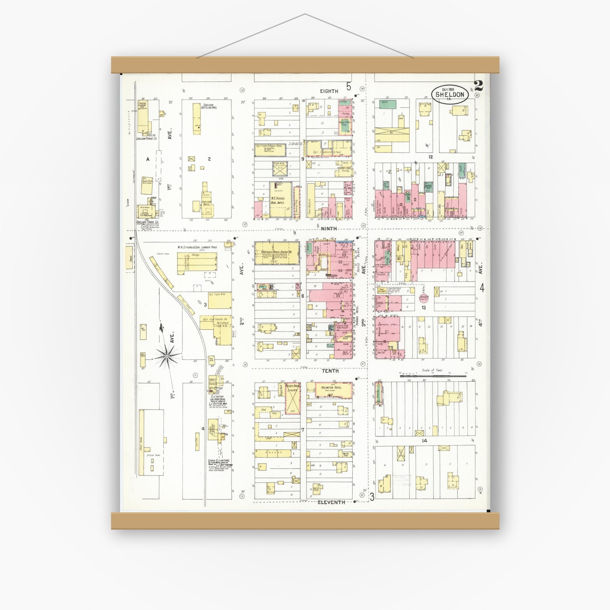Old map wall art mockup — magnetic wood frame on white wall — Sanborn Fire Insurance Map from Sheldon, O'Brien County, Iowa (1901), Sheet #0002