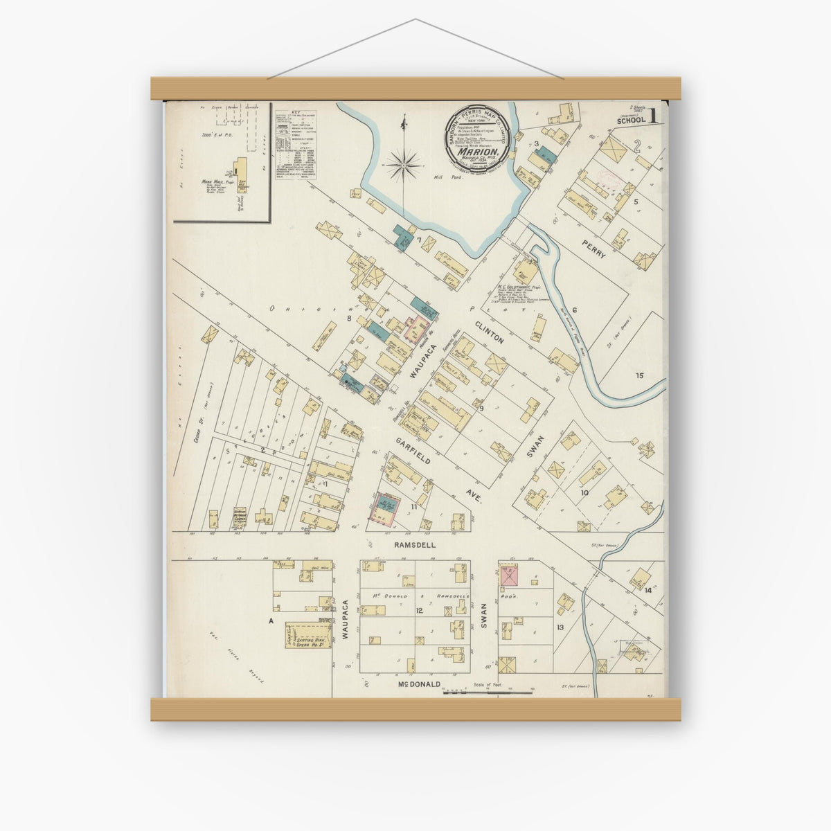 Old map wall art mockup — magnetic wood frame on white wall — Sanborn Fire Insurance Map from Marion, Waupaca County, Wisconsin (1894), Sheet #0001