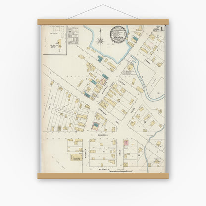 Old map wall art mockup — magnetic wood frame on white wall — Sanborn Fire Insurance Map from Marion, Waupaca County, Wisconsin (1894), Sheet #0001