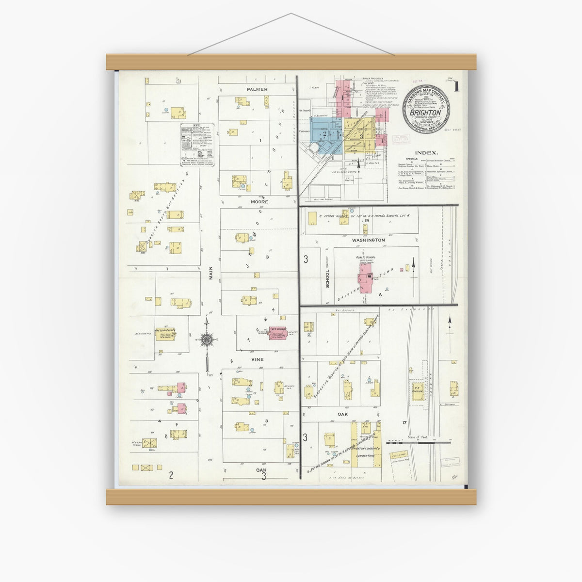 Old map wall art mockup — magnetic wood frame on white wall — Sanborn Fire Insurance Map from Brighton, Macoupin County, Illinois (1910), Sheet #0001