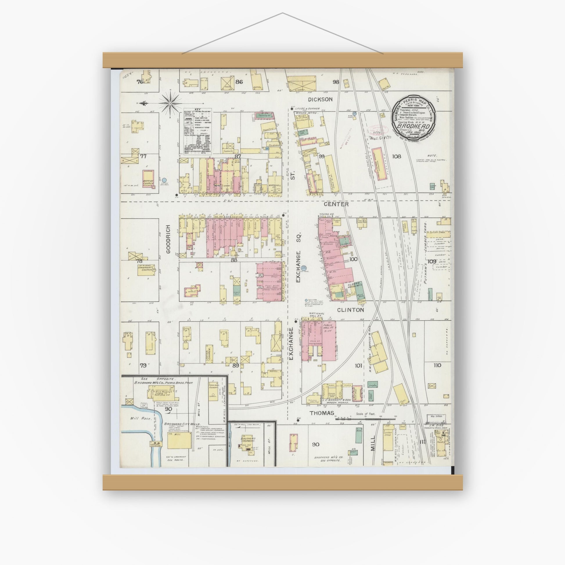 Old map wall art mockup — magnetic wood frame on white wall — Sanborn Fire Insurance Map from Brodhead, Green County, Wisconsin (1893), Sheet #0001