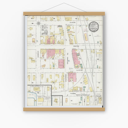Old map wall art mockup — magnetic wood frame on white wall — Sanborn Fire Insurance Map from Brodhead, Green County, Wisconsin (1893), Sheet #0001