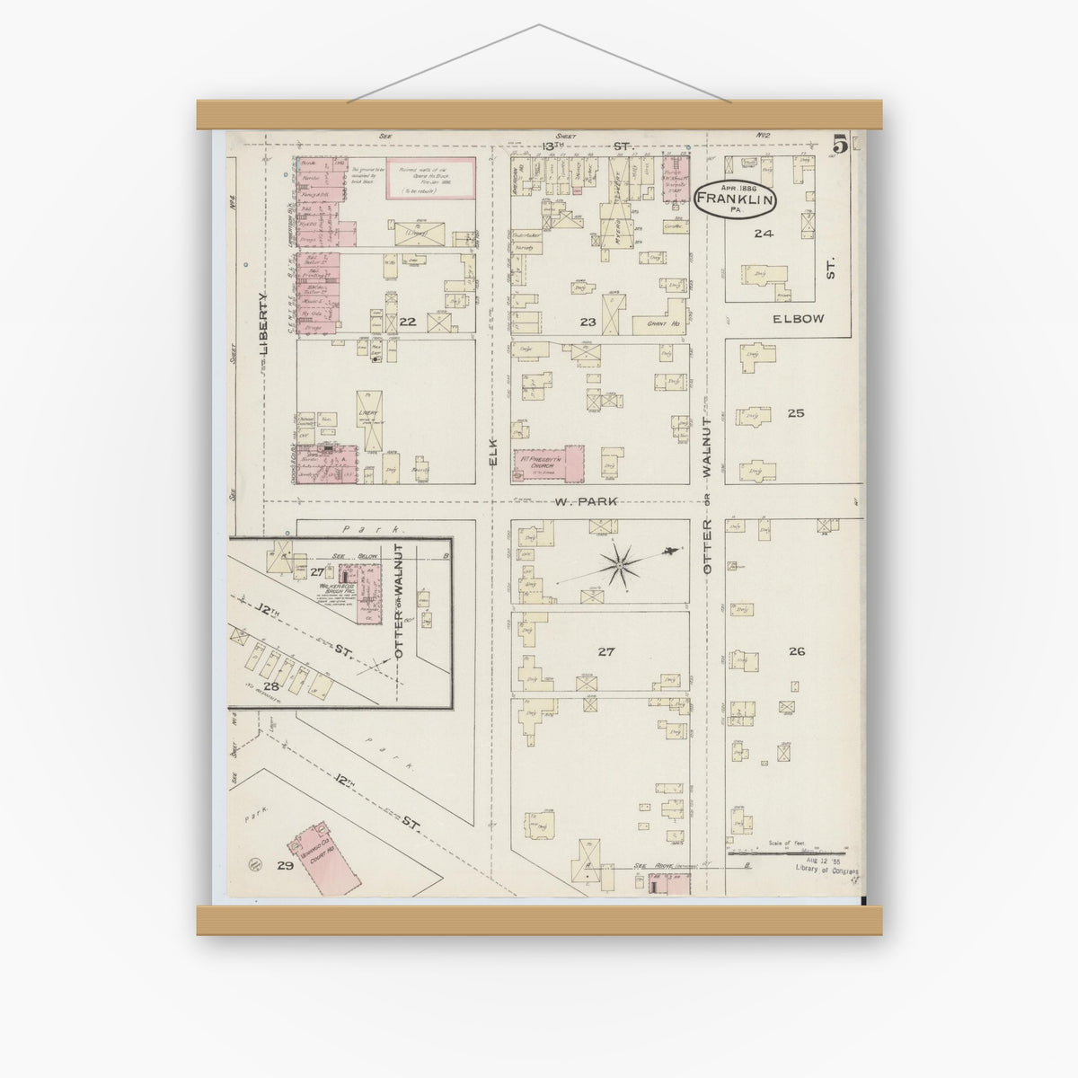 Old map wall art mockup — magnetic wood frame on white wall — Sanborn Fire Insurance Map from Franklin, Venango County, Pennsylvania (1888), Sheet #0005