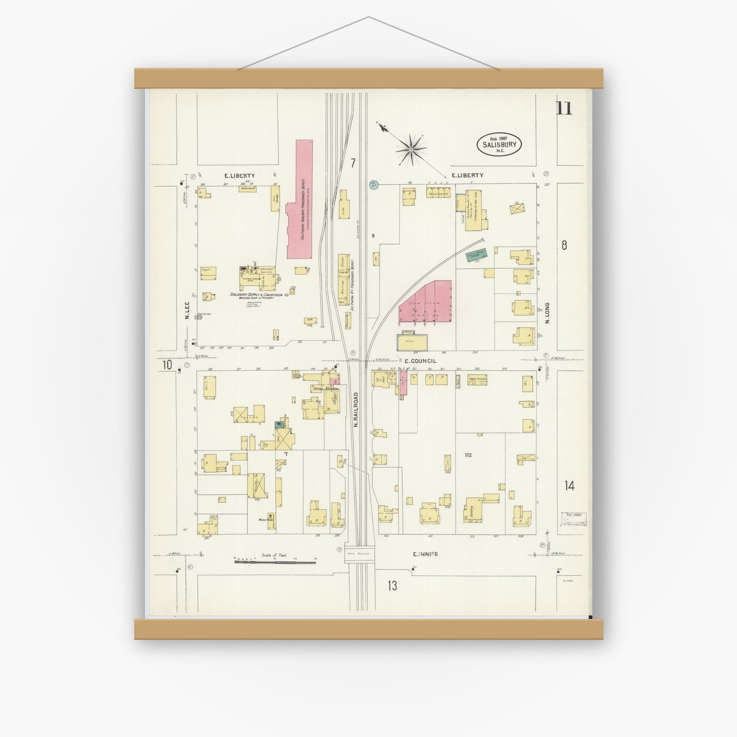 Old map wall art mockup — magnetic wood frame on white wall — Sanborn Fire Insurance Map from Salisbury, Rowan County, North Carolina (1907), Sheet #0011