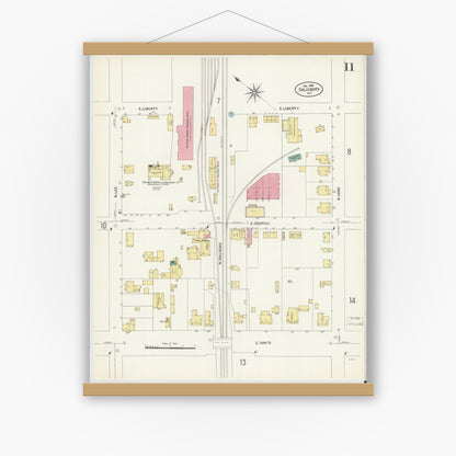 Old map wall art mockup — magnetic wood frame on white wall — Sanborn Fire Insurance Map from Salisbury, Rowan County, North Carolina (1907), Sheet #0011