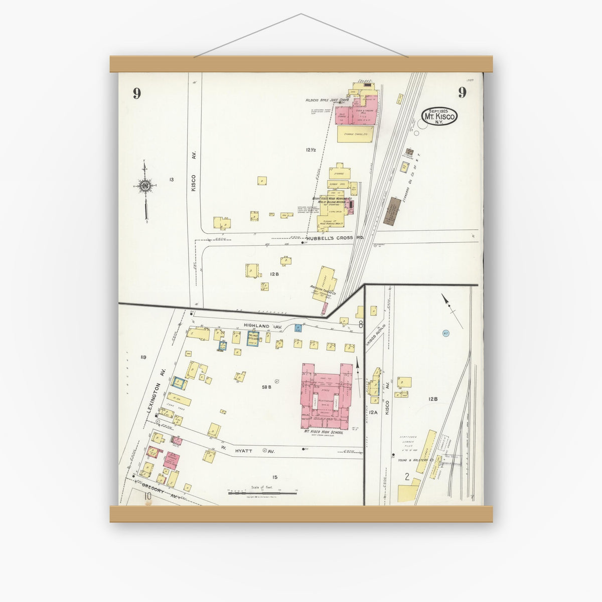 Old map wall art mockup — magnetic wood frame on white wall — Sanborn Fire Insurance Map from Mount Kisco, Westchester County, New York (1925), Sheet #0009