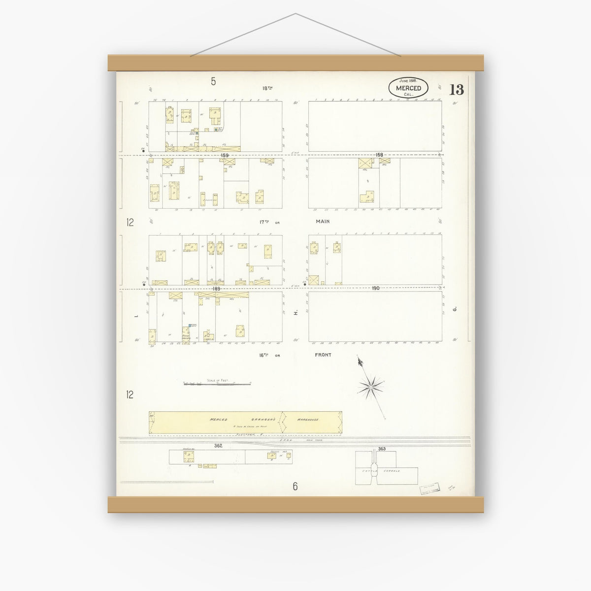 Old map wall art mockup — magnetic wood frame on white wall — Sanborn Fire Insurance Map from Merced, Merced County, California (1898), Sheet #0013