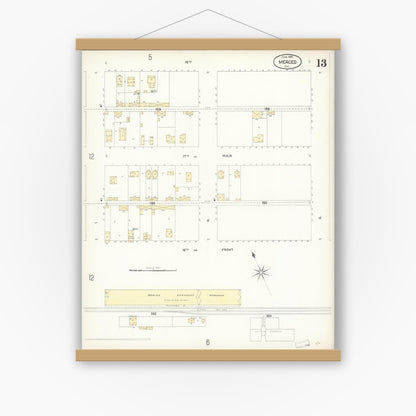 Old map wall art mockup — magnetic wood frame on white wall — Sanborn Fire Insurance Map from Merced, Merced County, California (1898), Sheet #0013