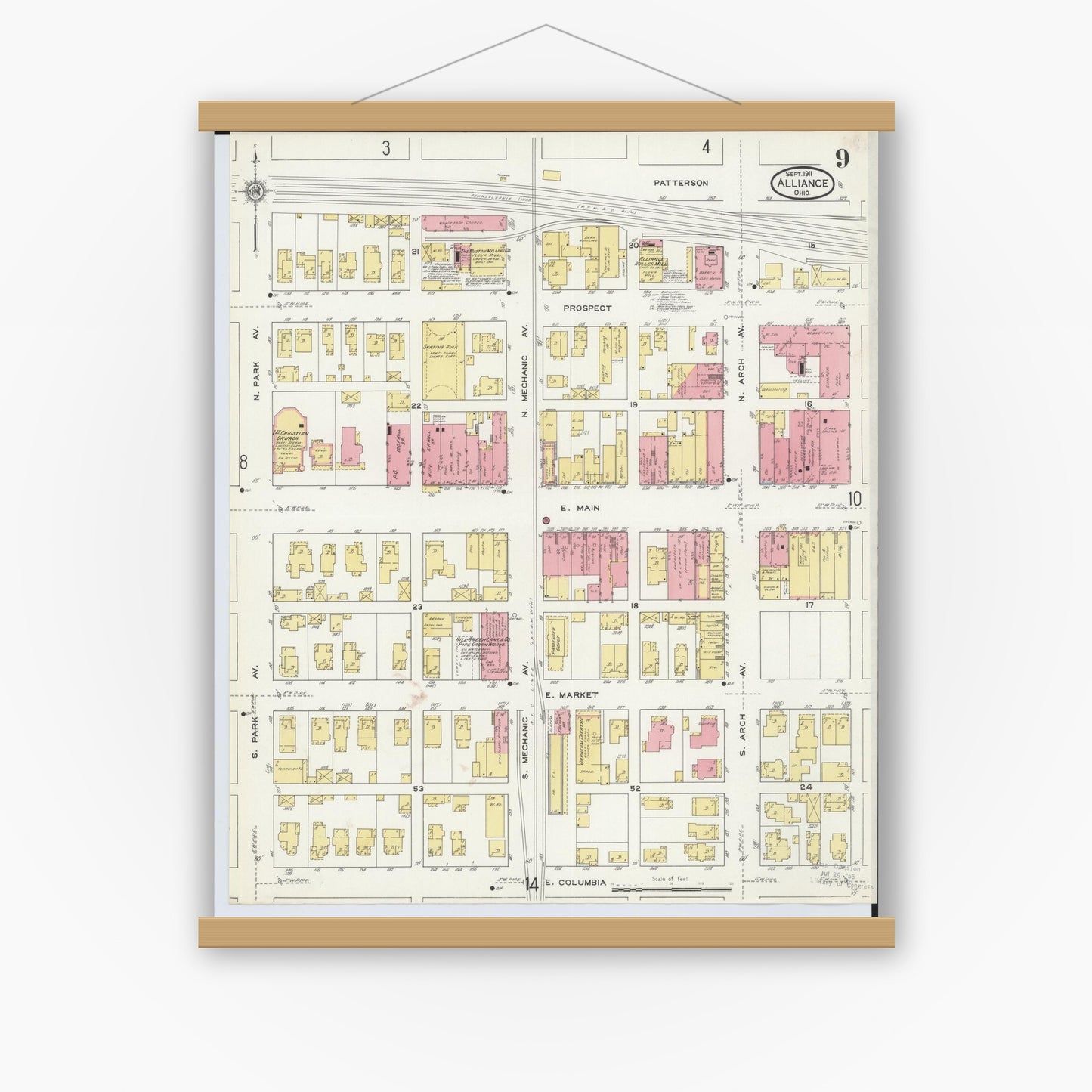 Old map wall art mockup — magnetic wood frame on white wall — Sanborn Fire Insurance Map from Alliance, Stark County, Ohio (1911), Sheet #0009
