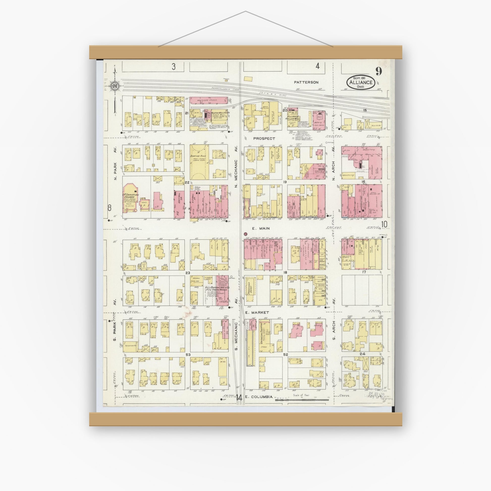 Old map wall art mockup — magnetic wood frame on white wall — Sanborn Fire Insurance Map from Alliance, Stark County, Ohio (1911), Sheet #0009