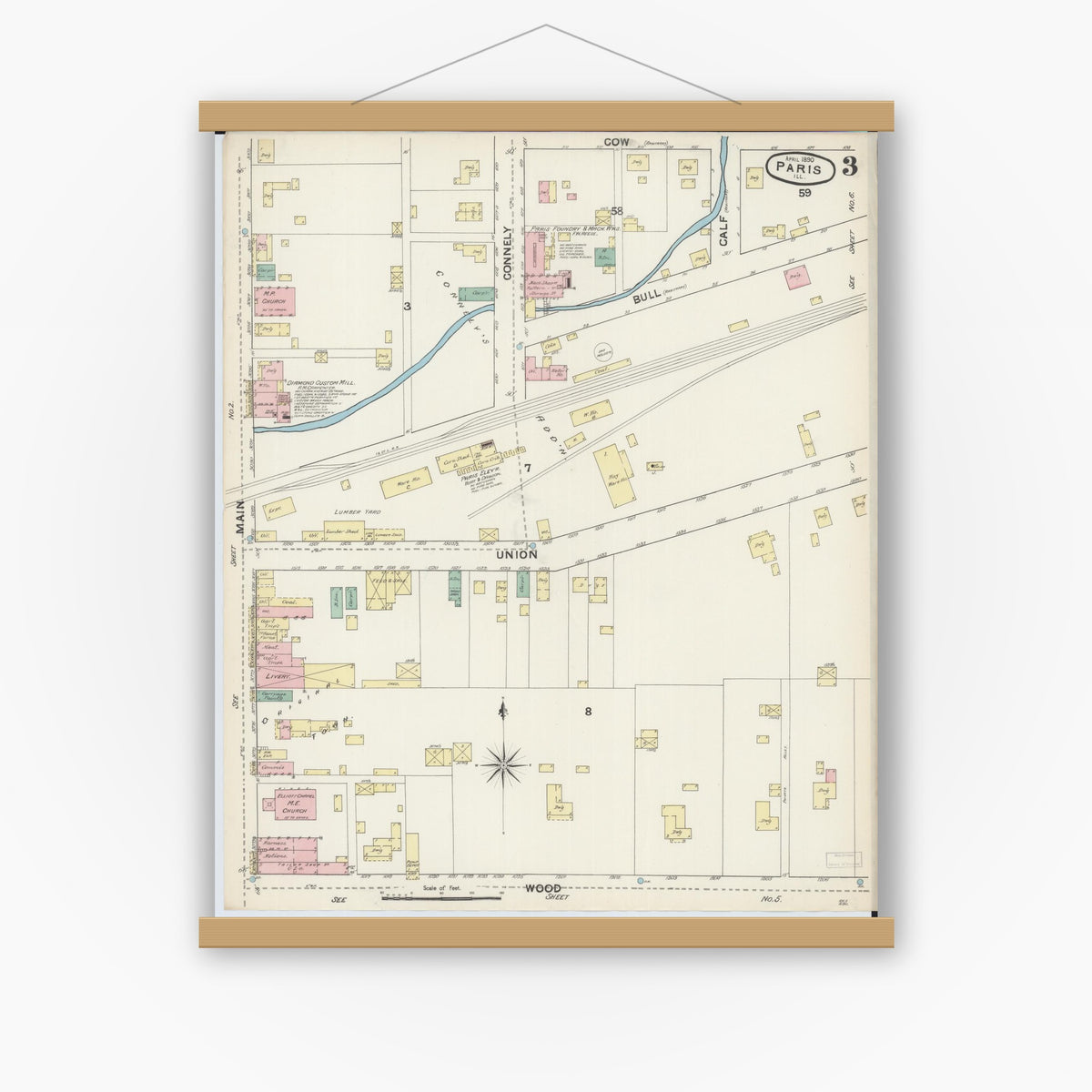 Old map wall art mockup — magnetic wood frame on white wall — Sanborn Fire Insurance Map from Paris, Edgar County, Illinois (1890), Sheet #0003