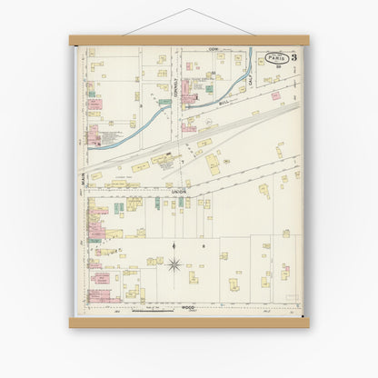 Old map wall art mockup — magnetic wood frame on white wall — Sanborn Fire Insurance Map from Paris, Edgar County, Illinois (1890), Sheet #0003