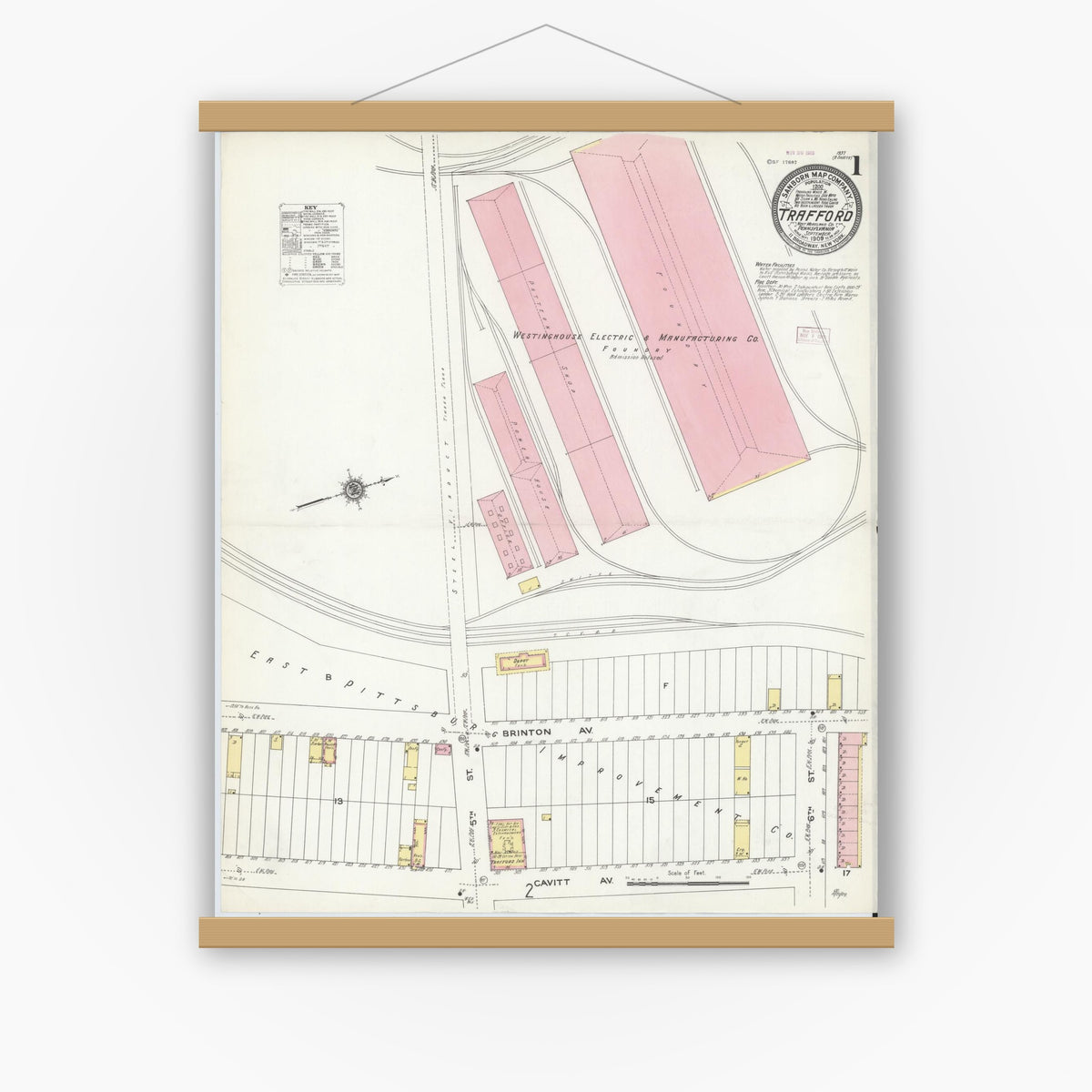 Old map wall art mockup — magnetic wood frame on white wall — Sanborn Fire Insurance Map from Trafford, Westmoreland County, Pennsylvania (1909) - Complete Map Set