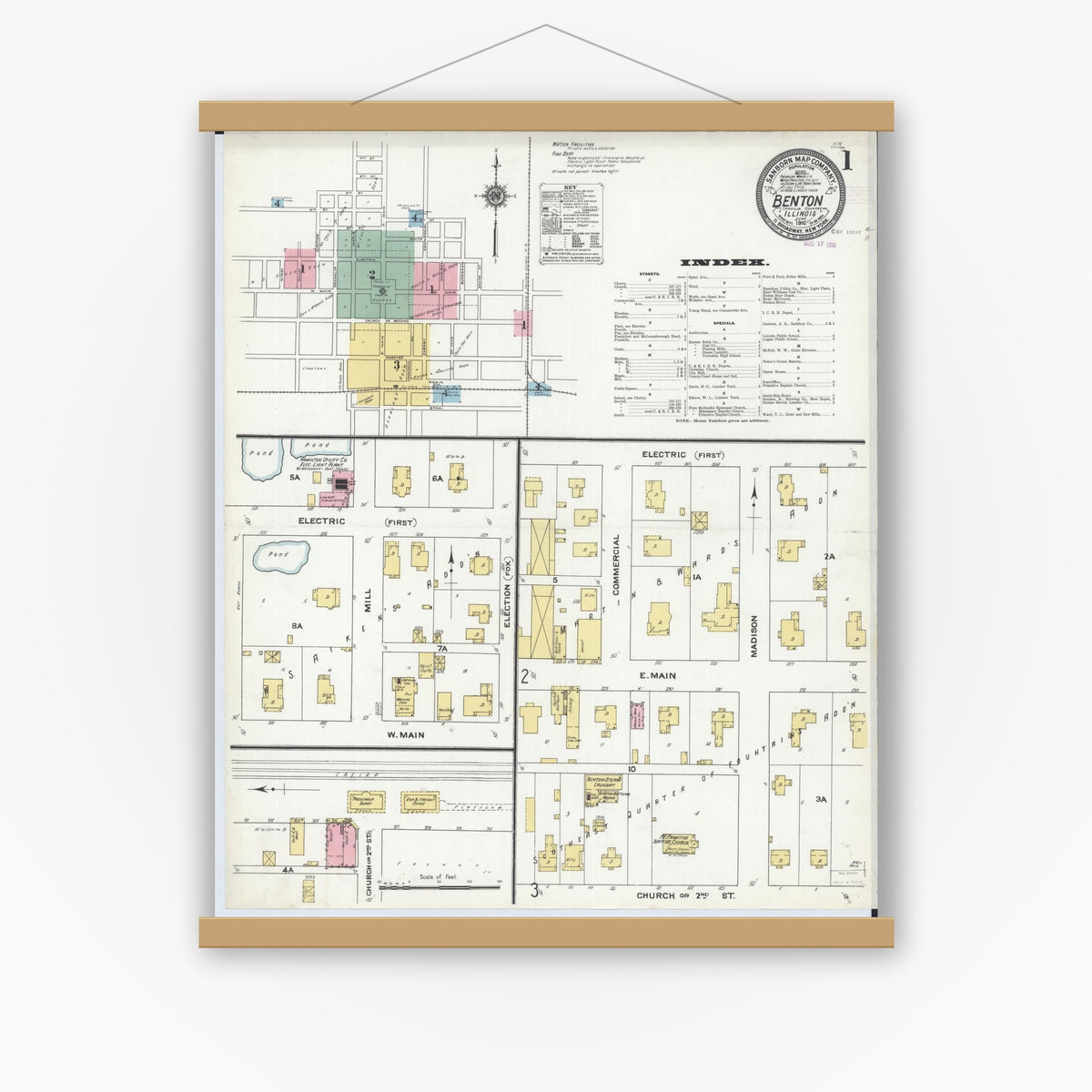 Old map wall art mockup — magnetic wood frame on white wall — Sanborn Fire Insurance Map from Benton, Franklin County, Illinois (1910), Sheet #0001