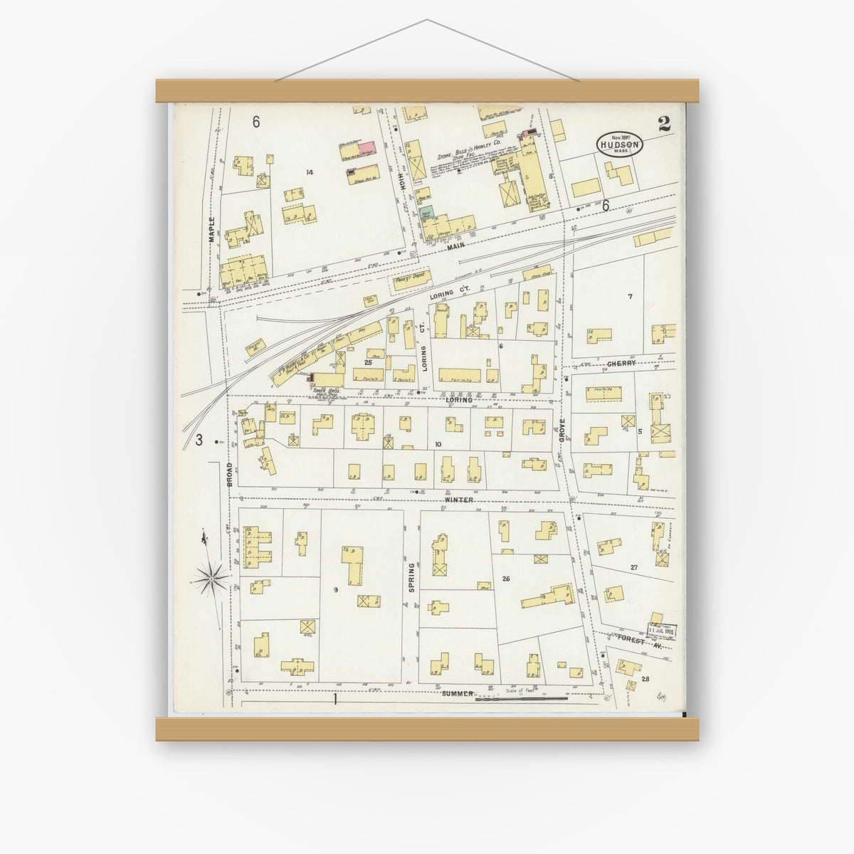 Old map wall art mockup — magnetic wood frame on white wall — Sanborn Fire Insurance Map from Hudson, Middlesex County, Massachusetts (1897), Sheet #0002