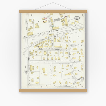 Old map wall art mockup — magnetic wood frame on white wall — Sanborn Fire Insurance Map from Hudson, Middlesex County, Massachusetts (1897), Sheet #0002