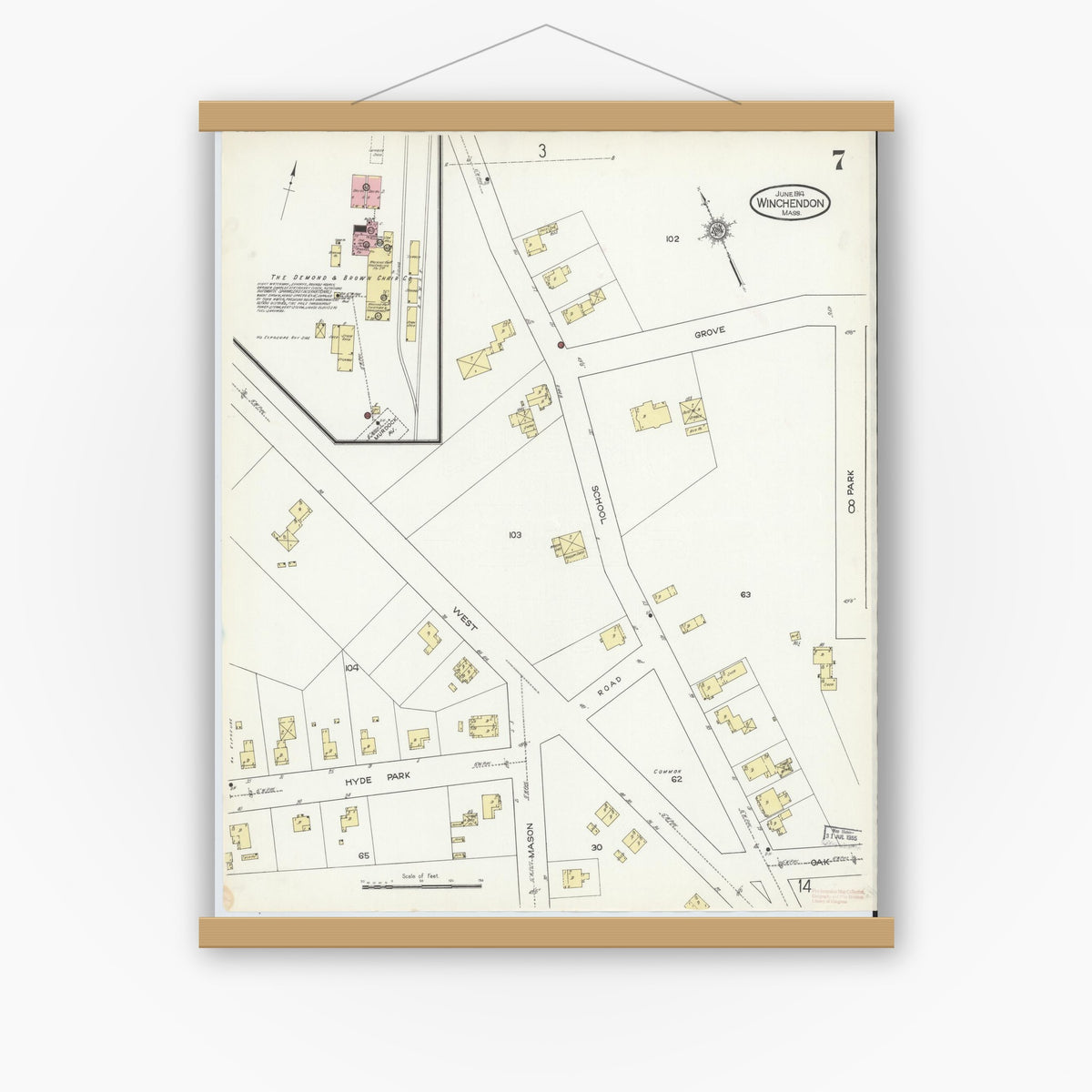 Old map wall art mockup — magnetic wood frame on white wall — Sanborn Fire Insurance Map from Winchendon, Worcester County, Massachusetts (1914), Sheet #0007