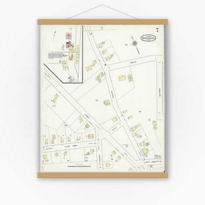 Old map wall art mockup — magnetic wood frame on white wall — Sanborn Fire Insurance Map from Winchendon, Worcester County, Massachusetts (1914), Sheet #0007