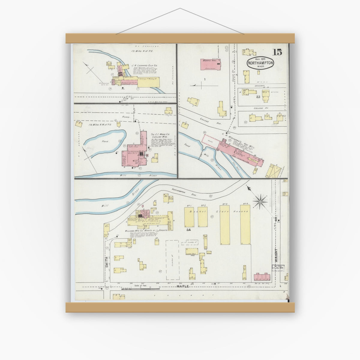 Old map wall art mockup — magnetic wood frame on white wall — Sanborn Fire Insurance Map from Northampton, Hampshire County, Massachusetts (1895), Sheet #0015