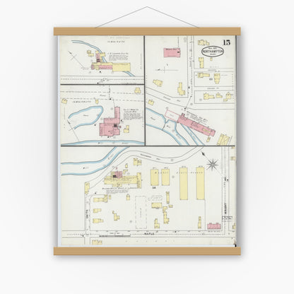 Old map wall art mockup — magnetic wood frame on white wall — Sanborn Fire Insurance Map from Northampton, Hampshire County, Massachusetts (1895), Sheet #0015