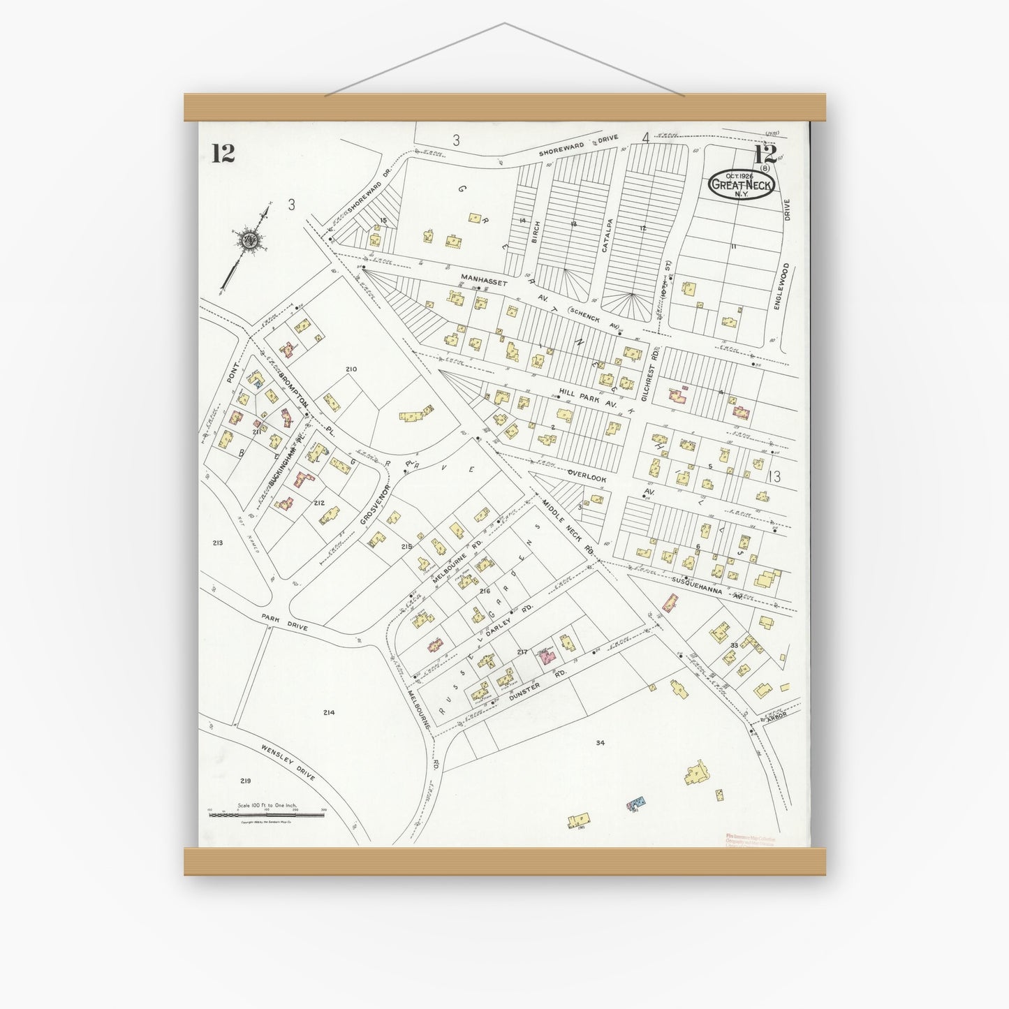 Old map wall art mockup — magnetic wood frame on white wall — Sanborn Fire Insurance Map from Great Neck, Nassau County, New York (1926), Sheet #0012