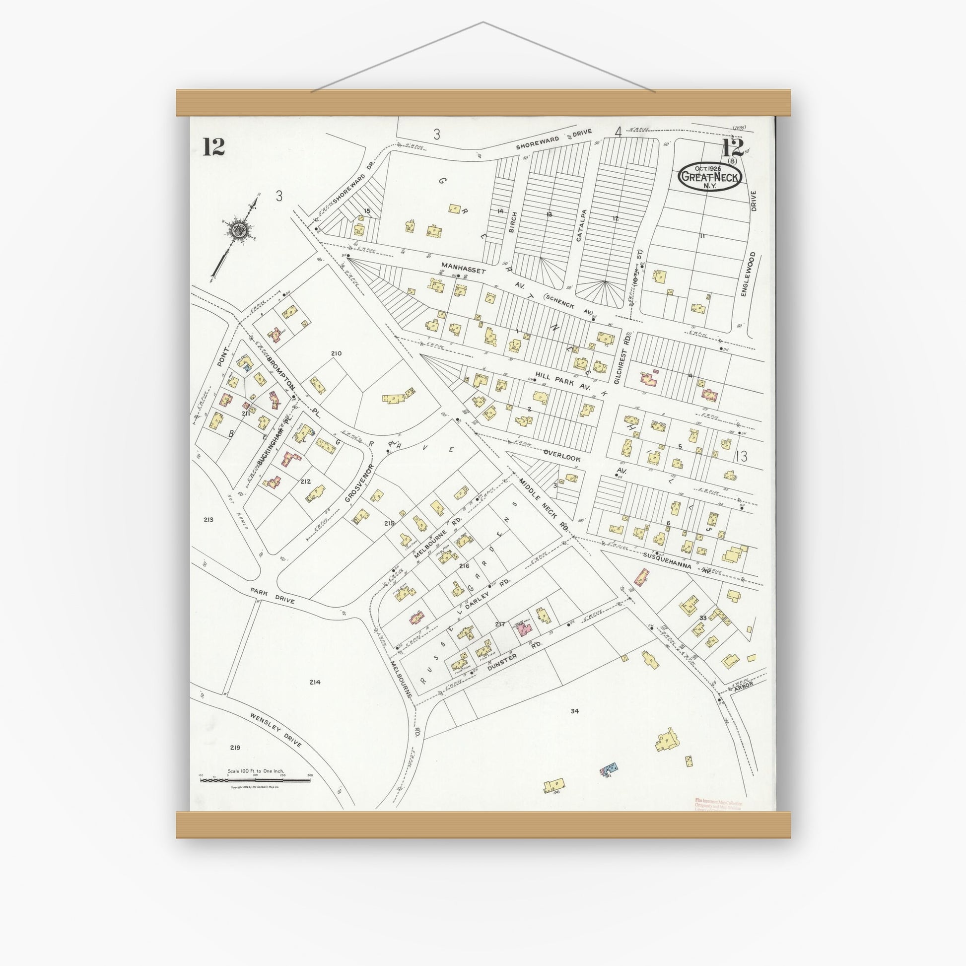 Old map wall art mockup — magnetic wood frame on white wall — Sanborn Fire Insurance Map from Great Neck, Nassau County, New York (1926), Sheet #0012