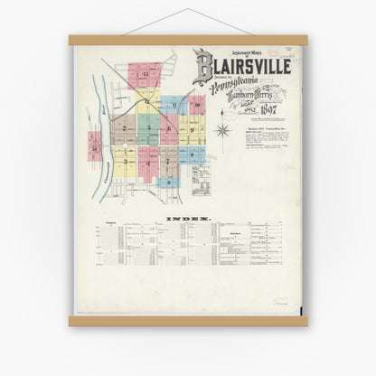 Old map wall art mockup — magnetic wood frame on white wall — Sanborn Fire Insurance Map from Blairsville, Indiana County, Pennsylvania (1897) - Complete Map Set
