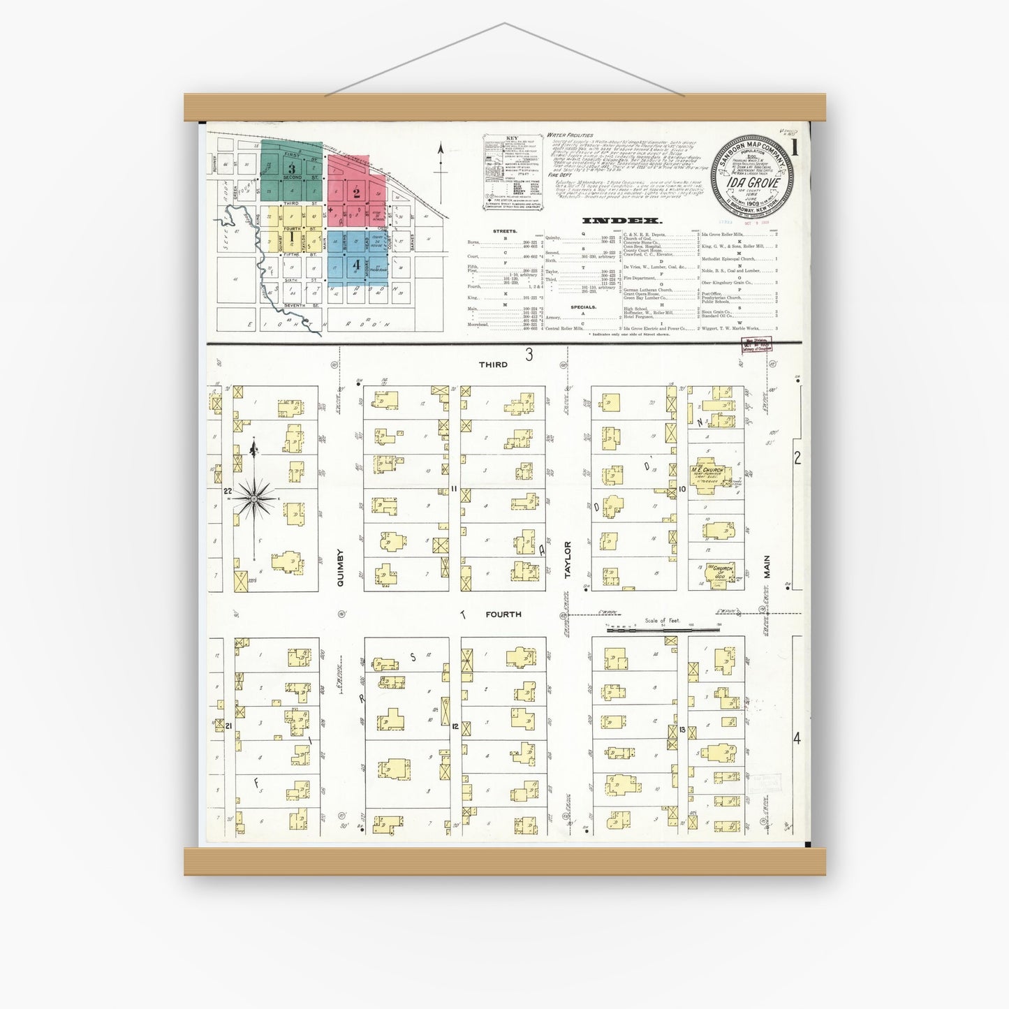 Old map wall art mockup — magnetic wood frame on white wall — Sanborn Fire Insurance Map from Ida Grove, Ida County, Iowa (1909), Sheet #0001