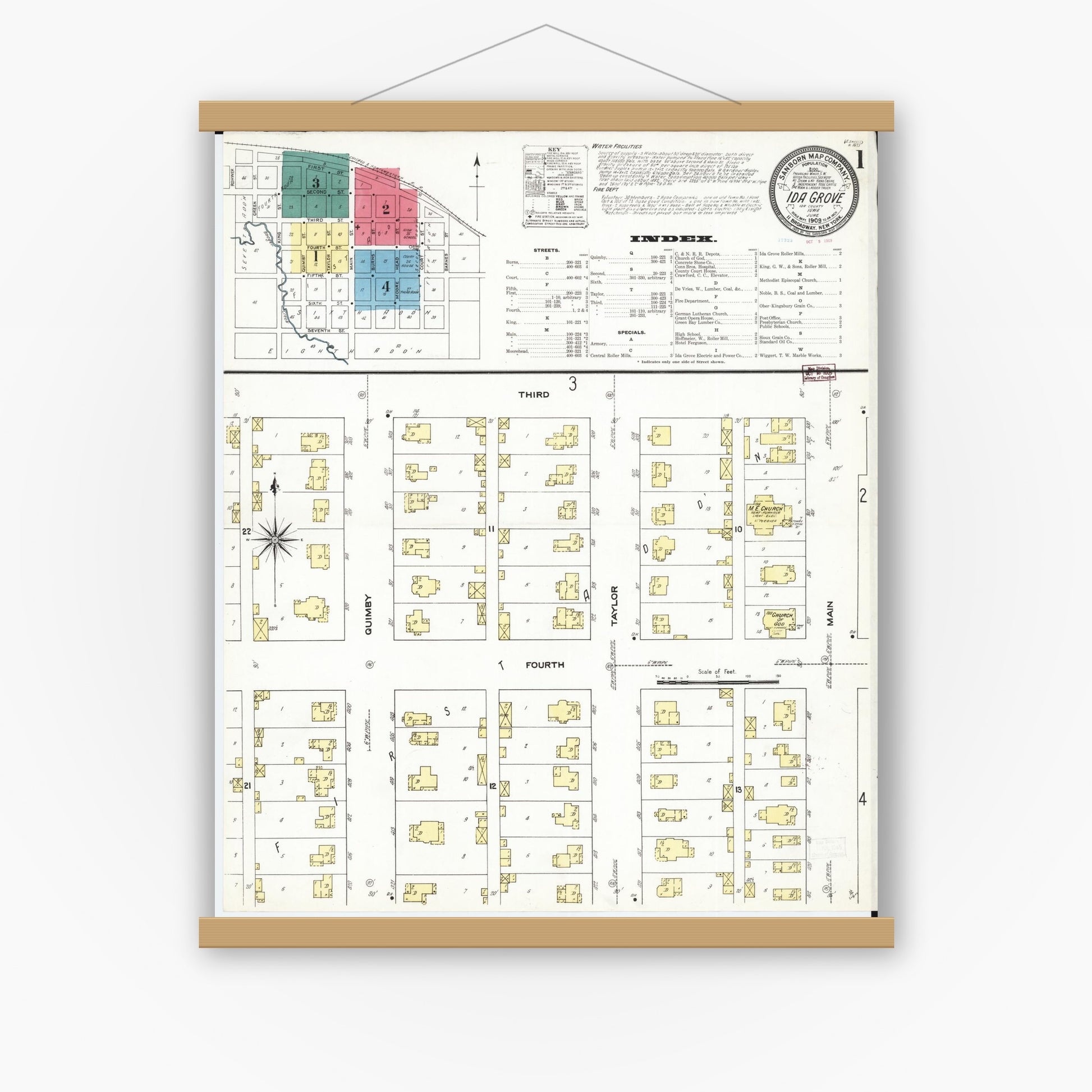 Old map wall art mockup — magnetic wood frame on white wall — Sanborn Fire Insurance Map from Ida Grove, Ida County, Iowa (1909), Sheet #0001