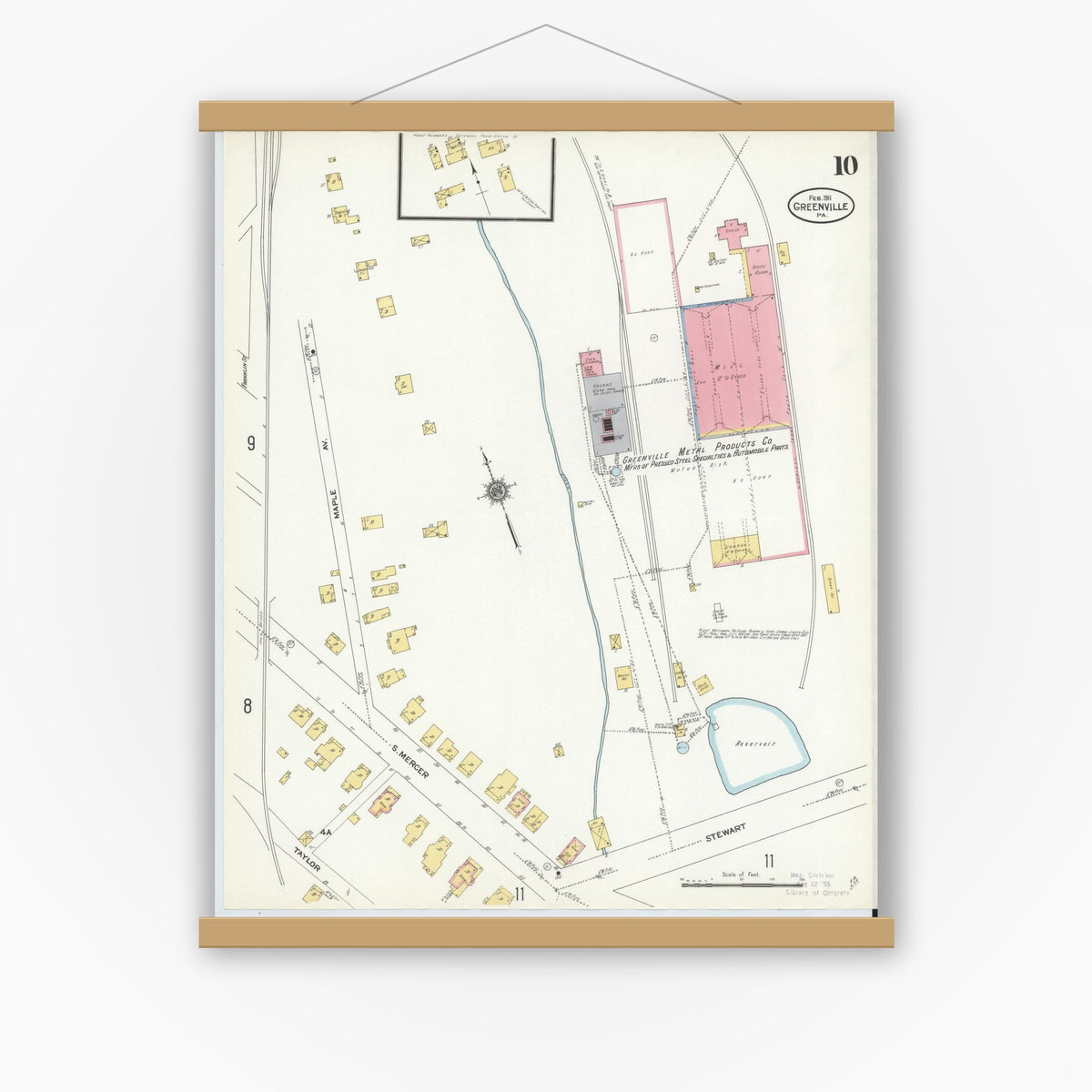 Old map wall art mockup — magnetic wood frame on white wall — Sanborn Fire Insurance Map from Greenville, Mercer County, Pennsylvania (1911), Sheet #0010