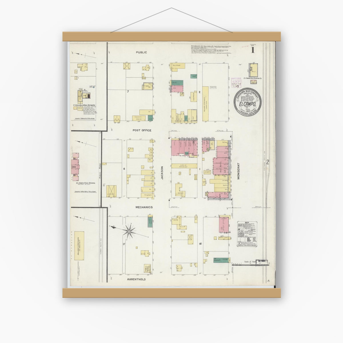 Old map wall art mockup — magnetic wood frame on white wall — Sanborn Fire Insurance Map from El Campo, Wharton County, Texas (1907) - Complete Map Set