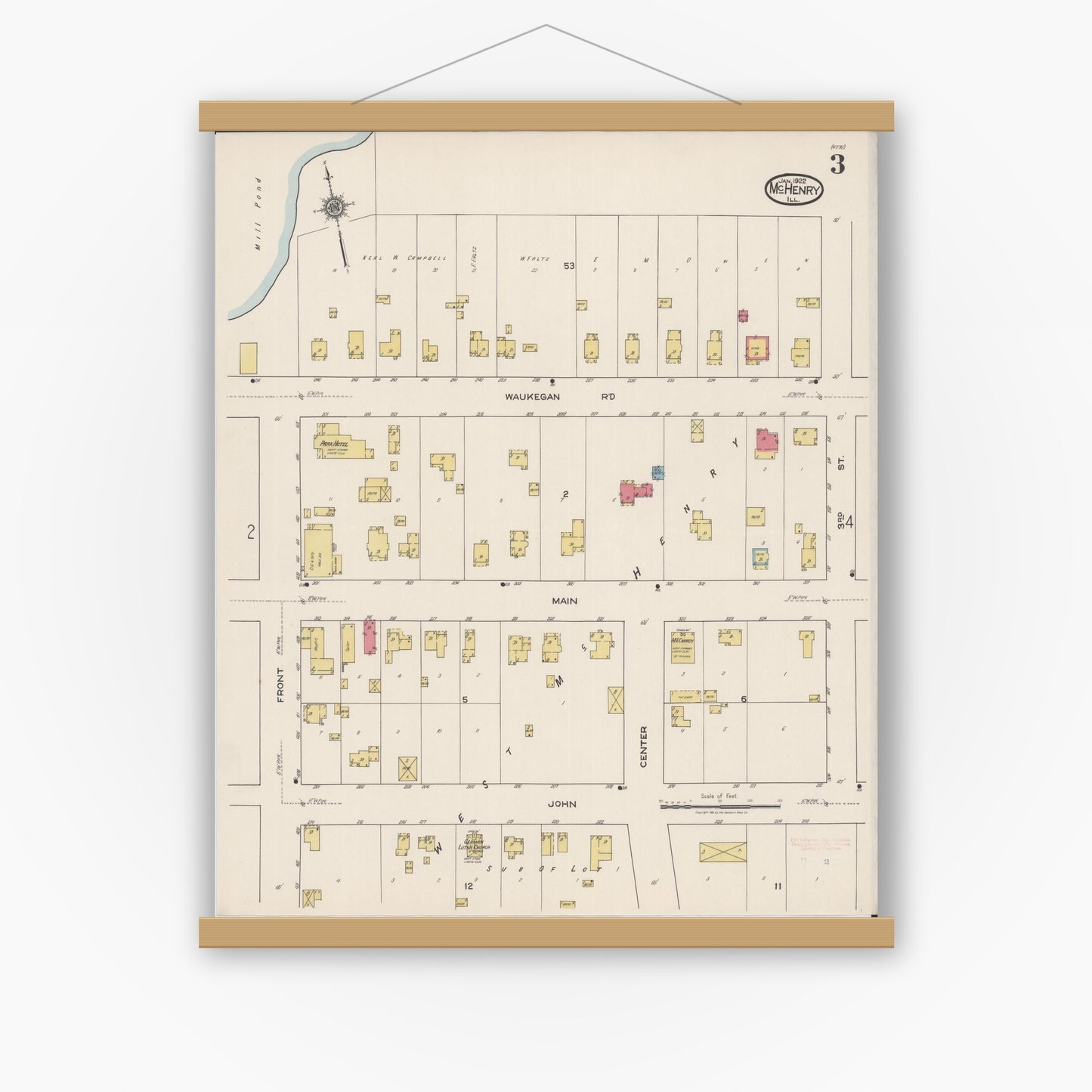 Old map wall art mockup — magnetic wood frame on white wall — Sanborn Fire Insurance Map from McHenry, McHenry County, Illinois (1922), Sheet #0003