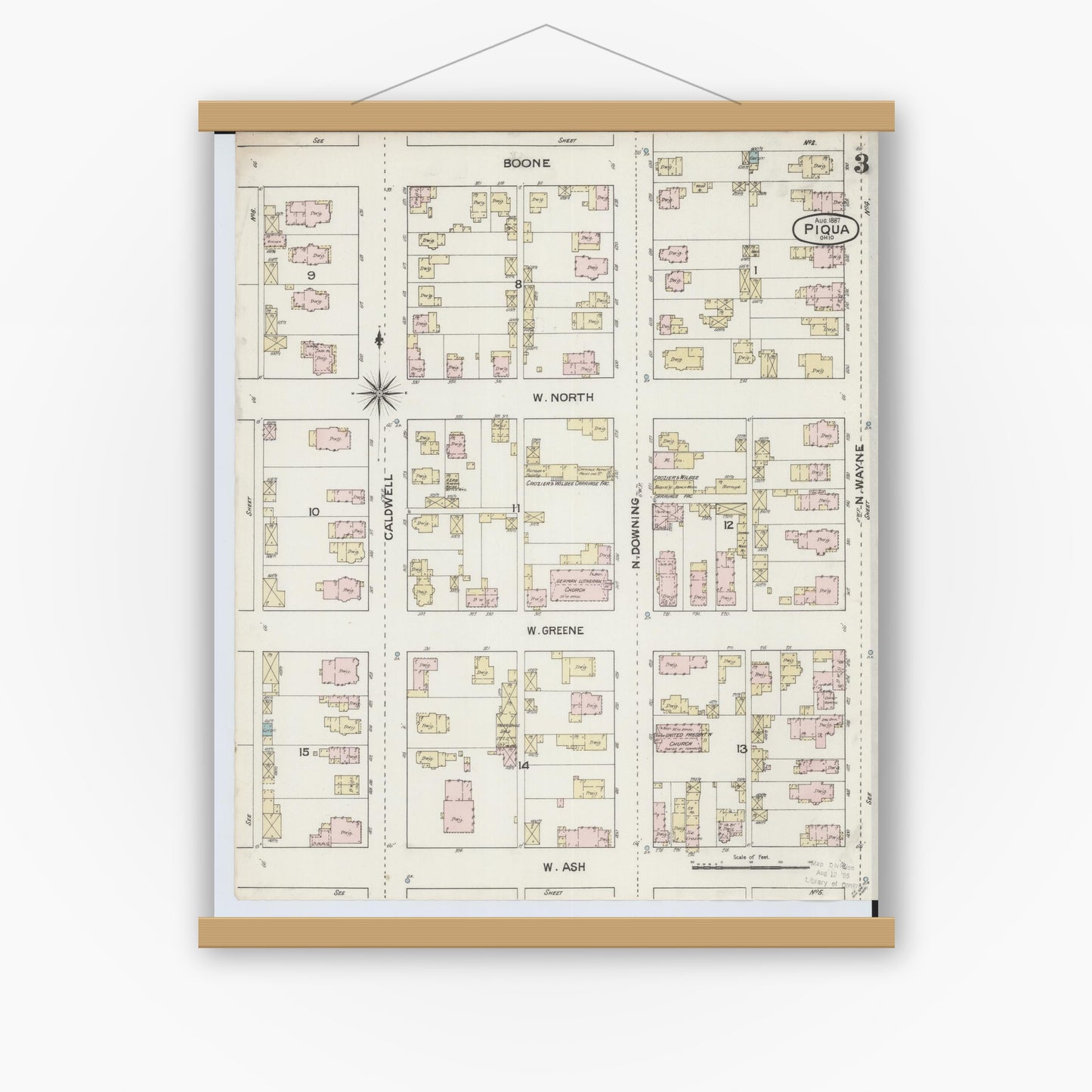 Old map wall art mockup — magnetic wood frame on white wall — Sanborn Fire Insurance Map from Piqua, Miami County, Ohio (1887), Sheet #0003