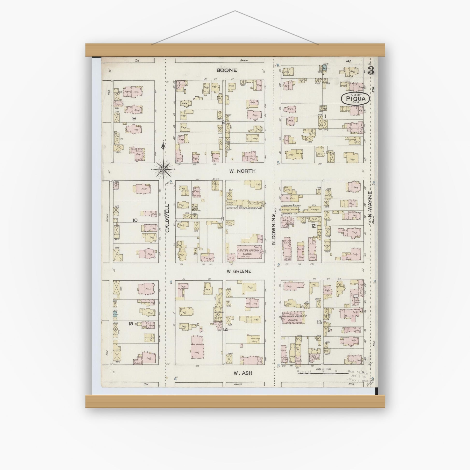 Old map wall art mockup — magnetic wood frame on white wall — Sanborn Fire Insurance Map from Piqua, Miami County, Ohio (1887), Sheet #0003