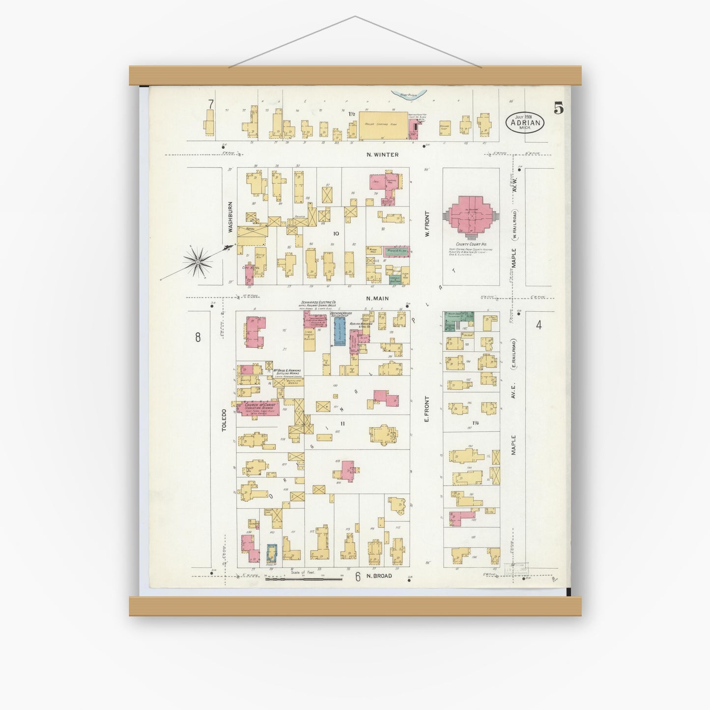 Old map wall art mockup — magnetic wood frame on white wall — Sanborn Fire Insurance Map from Adrian, Lenawee County, Michigan (1908), Sheet #0005