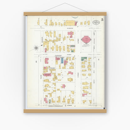 Old map wall art mockup — magnetic wood frame on white wall — Sanborn Fire Insurance Map from Adrian, Lenawee County, Michigan (1908), Sheet #0005
