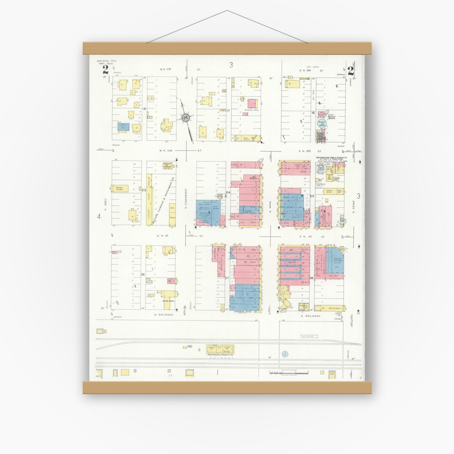 Old map wall art mockup — magnetic wood frame on white wall — Sanborn Fire Insurance Map from McLean, Gray County, Texas (1933), Sheet #0002