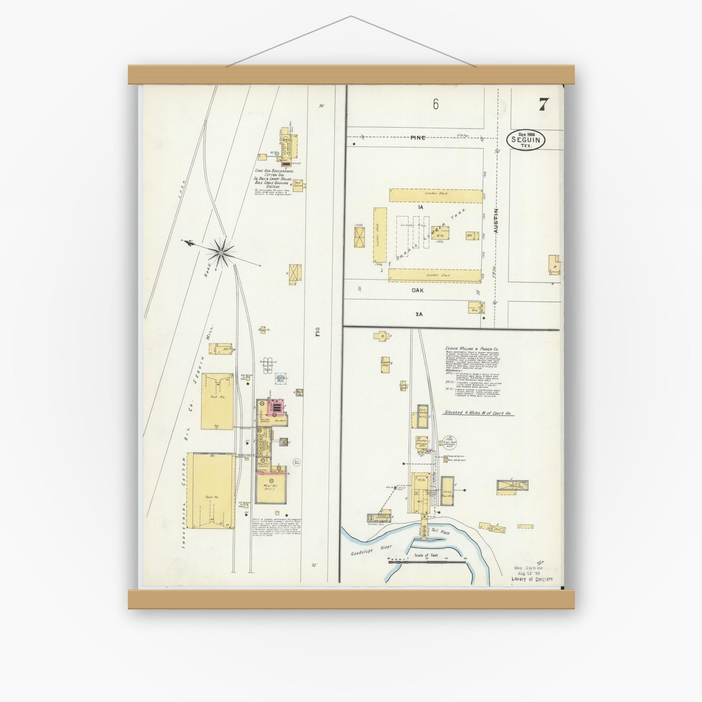 Old map wall art mockup — magnetic wood frame on white wall — Sanborn Fire Insurance Map from Seguin, Guadalupe County, Texas (1906), Sheet #0007