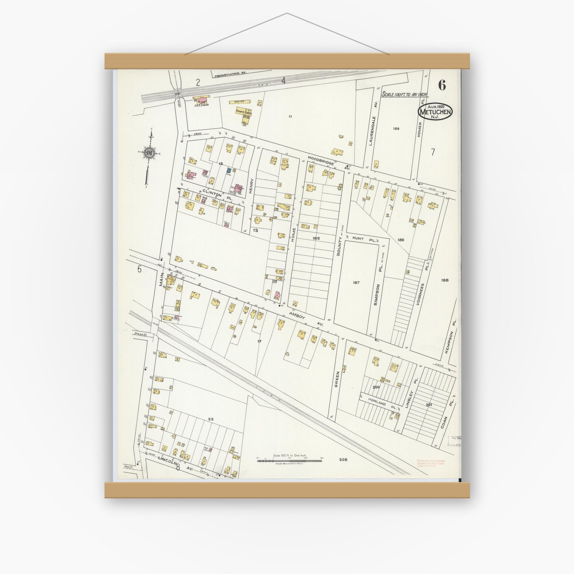 Old map wall art mockup — magnetic wood frame on white wall — Sanborn Fire Insurance Map from Metuchen, Middlesex County, New Jersey (1920), Sheet #0006