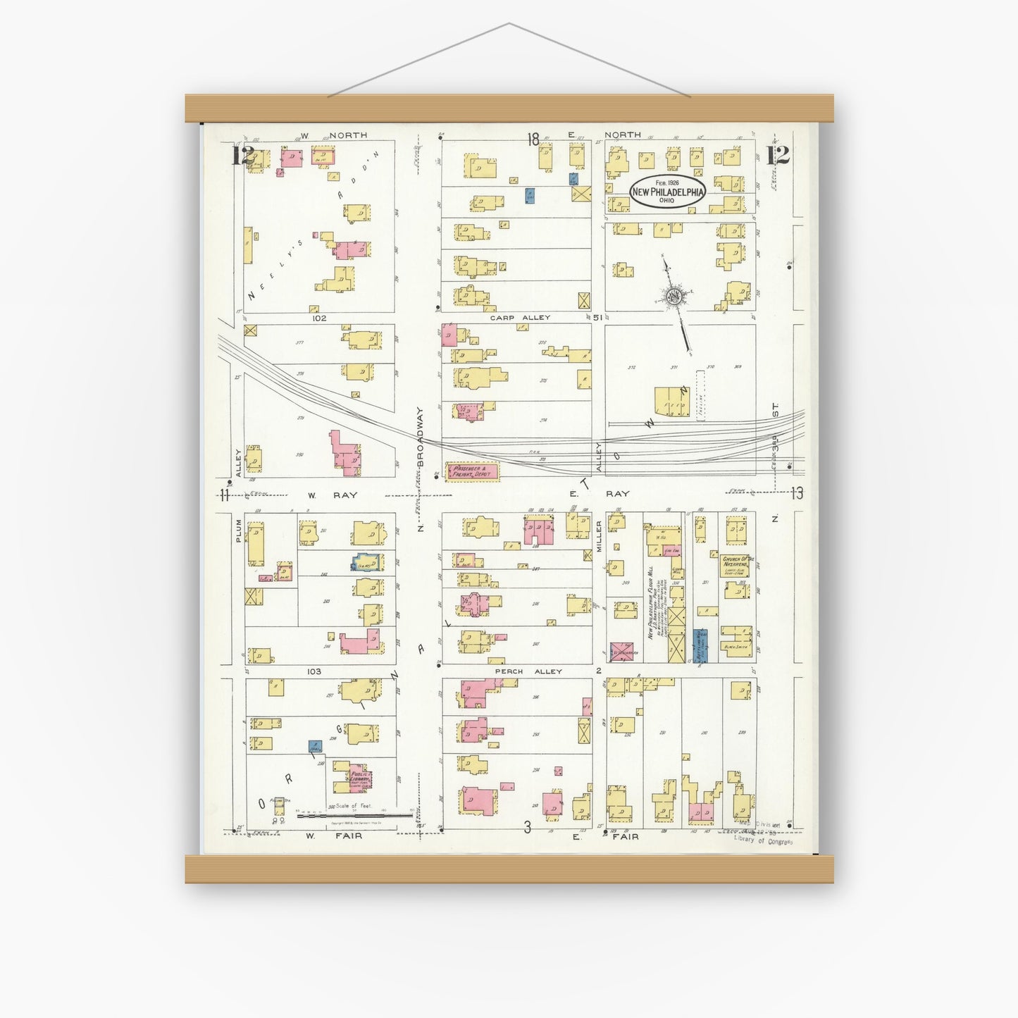 Old map wall art mockup — magnetic wood frame on white wall — Sanborn Fire Insurance Map from New Philadelphia, Tuscarawas County, Ohio (1926), Sheet #0012