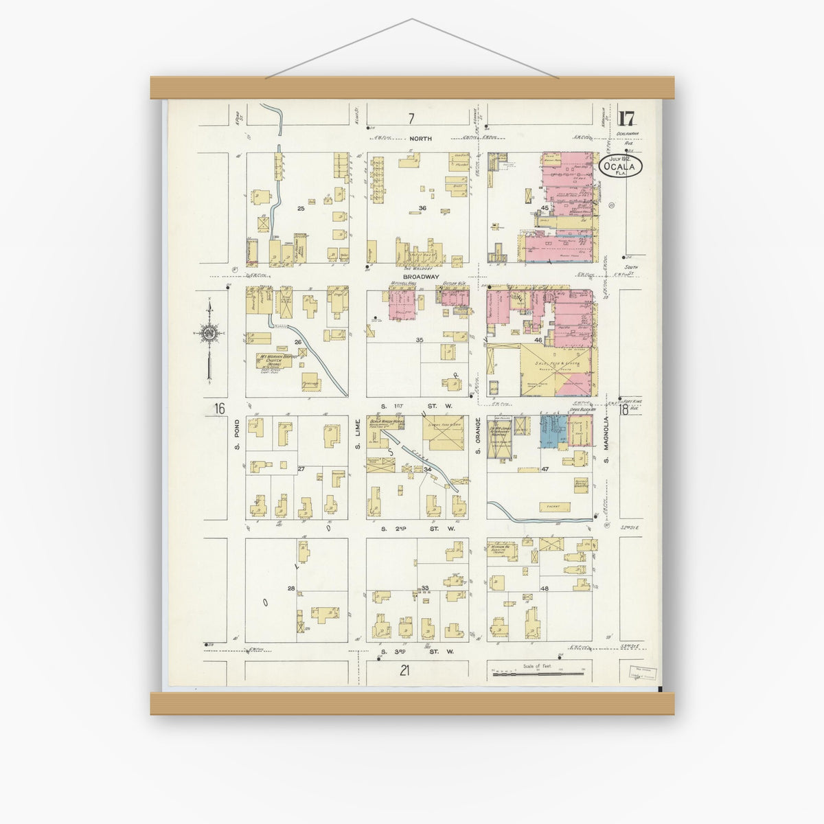 Old map wall art mockup — magnetic wood frame on white wall — Sanborn Fire Insurance Map from Ocala, Marion County, Florida (1912), Sheet #0017