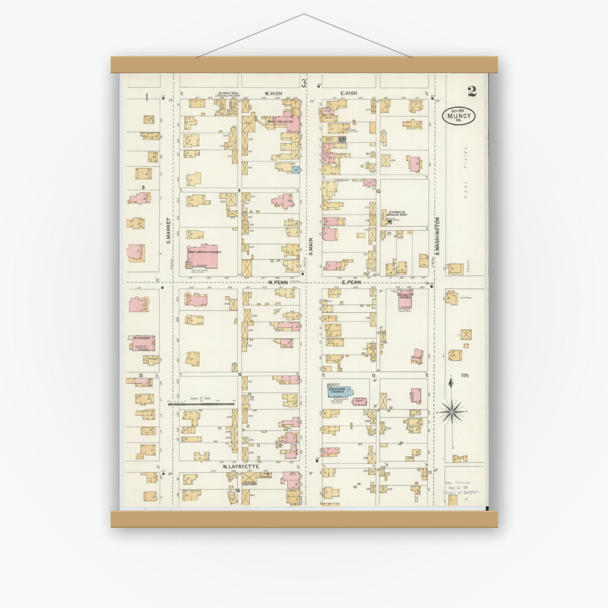 Old map wall art mockup — magnetic wood frame on white wall — Sanborn Fire Insurance Map from Muncy, Lycoming County, Pennsylvania (1901), Sheet #0002