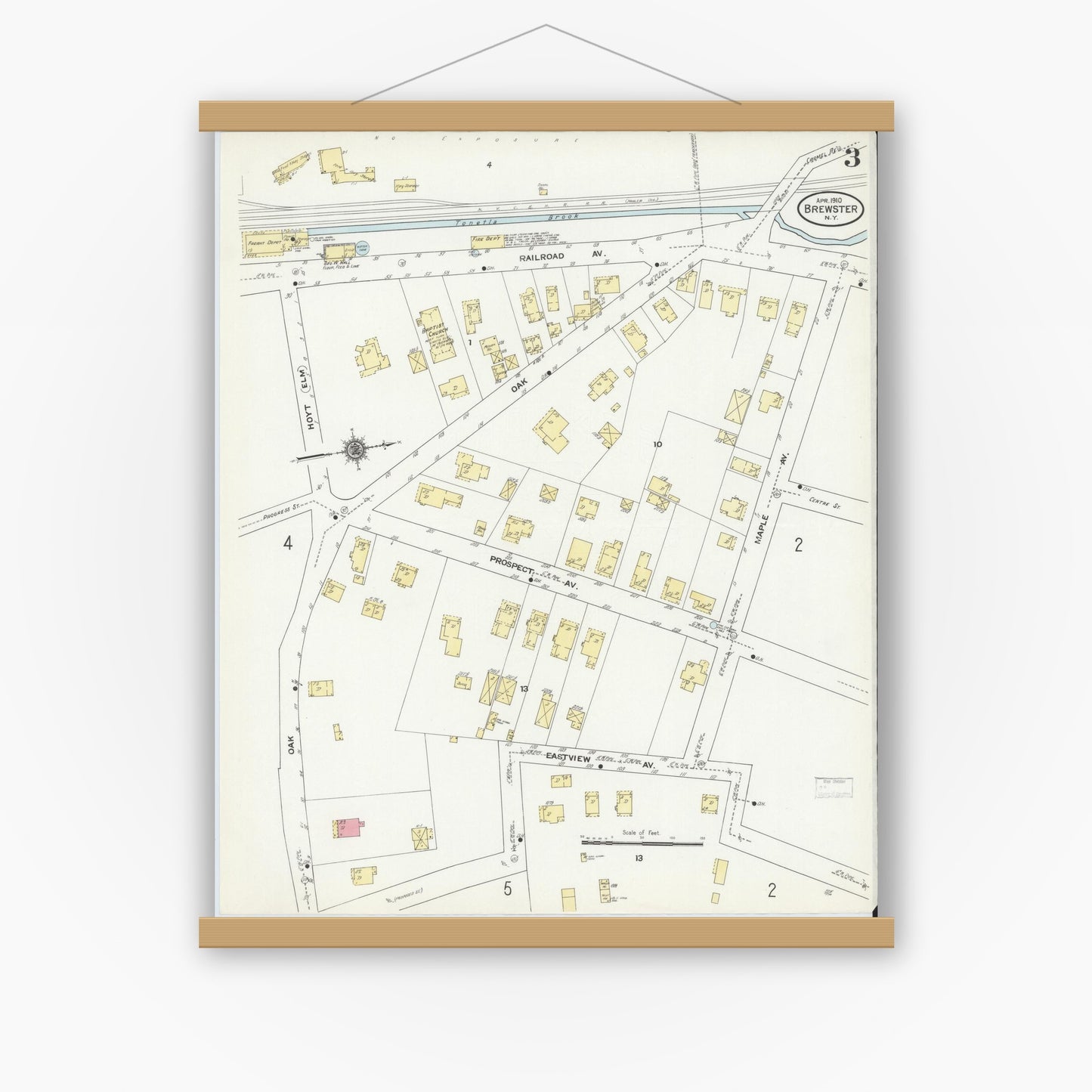 Old map wall art mockup — magnetic wood frame on white wall — Sanborn Fire Insurance Map from Brewster, Putnam County, New York (1910), Sheet #0003