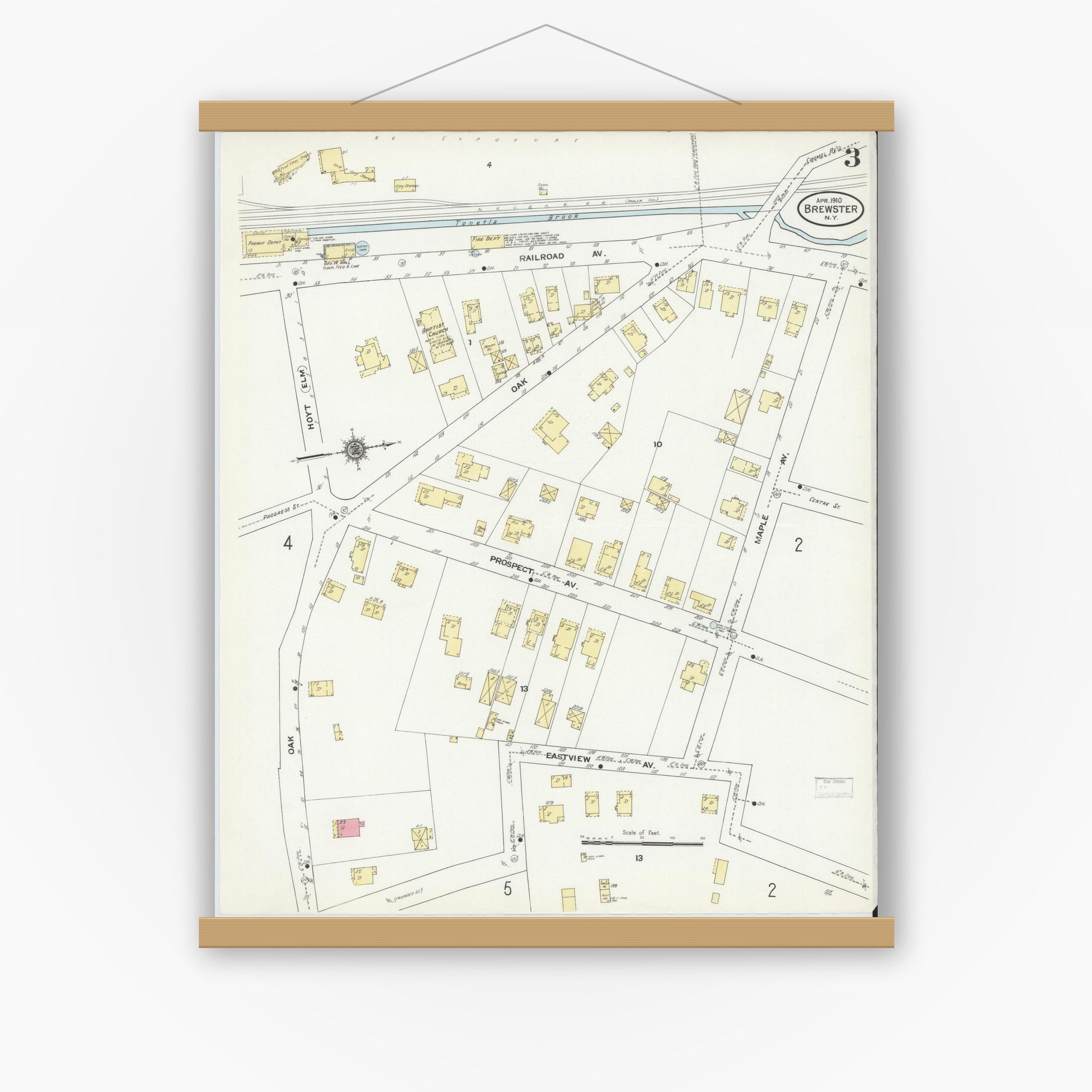 Old map wall art mockup — magnetic wood frame on white wall — Sanborn Fire Insurance Map from Brewster, Putnam County, New York (1910), Sheet #0003