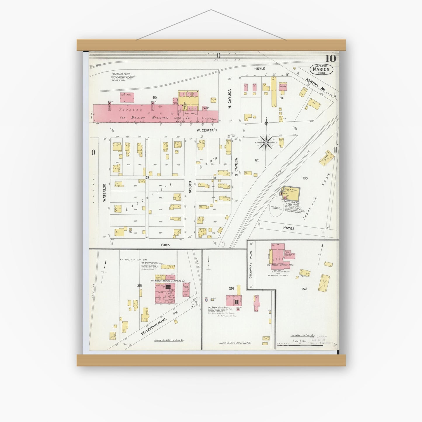 Old map wall art mockup — magnetic wood frame on white wall — Sanborn Fire Insurance Map from Marion, Marion County, Ohio (1900), Sheet #0010