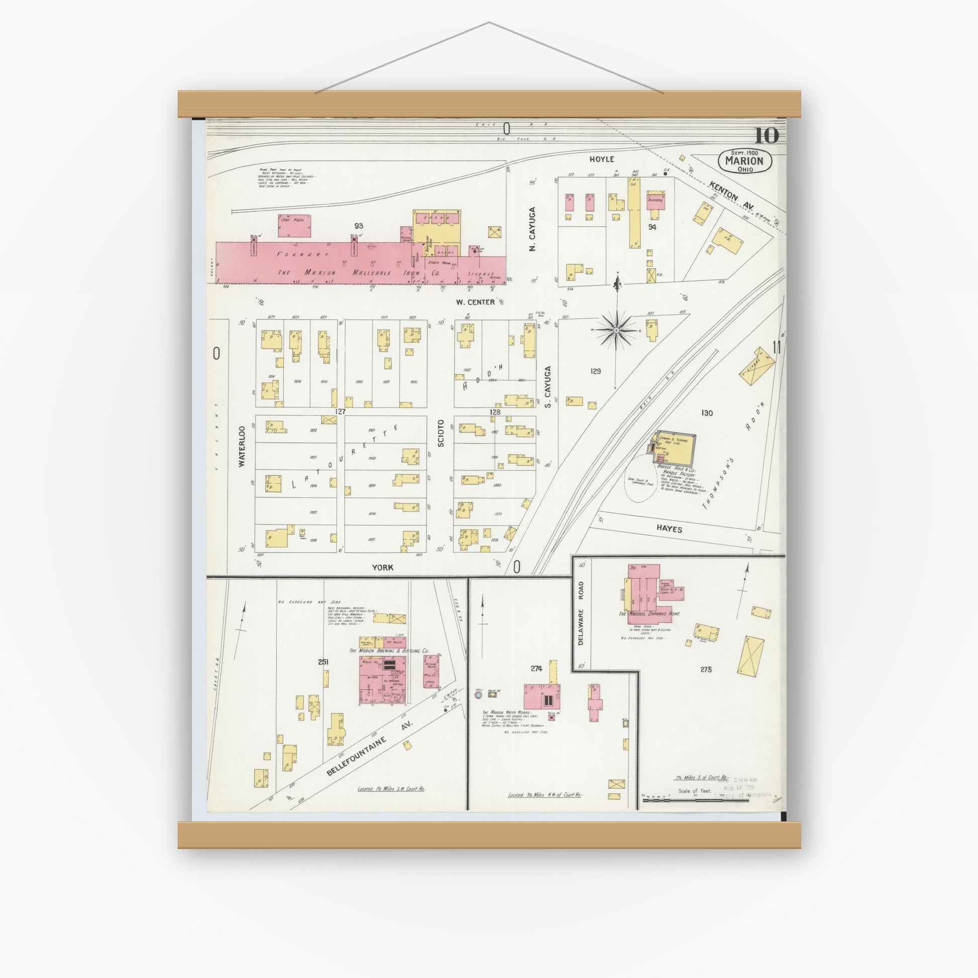 Old map wall art mockup — magnetic wood frame on white wall — Sanborn Fire Insurance Map from Marion, Marion County, Ohio (1900), Sheet #0010